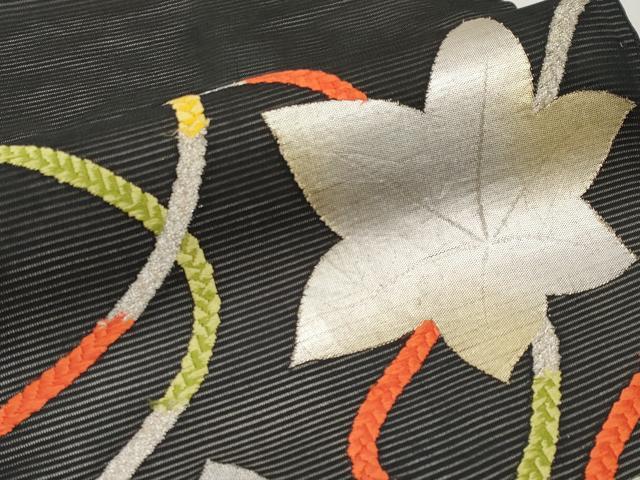 平和屋着物＊夏物　九寸開き名古屋帯　唐織　楓文　黒地　銀糸　正絹　逸品　CABH6007tx
