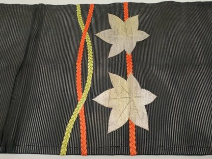 平和屋着物＊夏物　九寸開き名古屋帯　唐織　楓文　黒地　銀糸　正絹　逸品　CABH6007tx