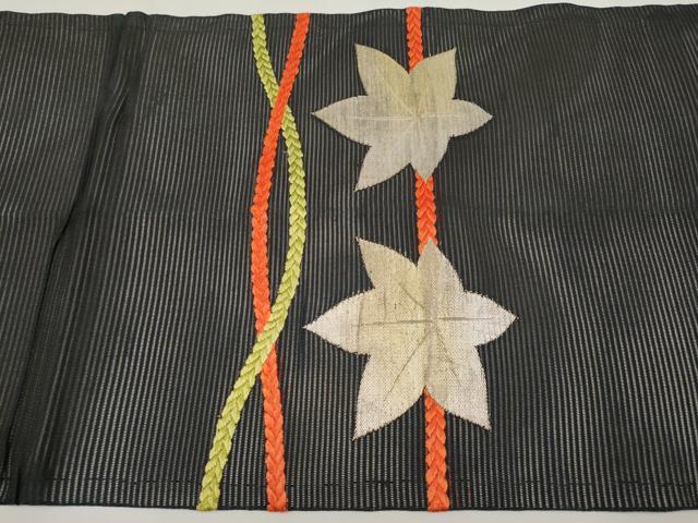 平和屋着物＊夏物　九寸開き名古屋帯　唐織　楓文　黒地　銀糸　正絹　逸品　CABH6007tx