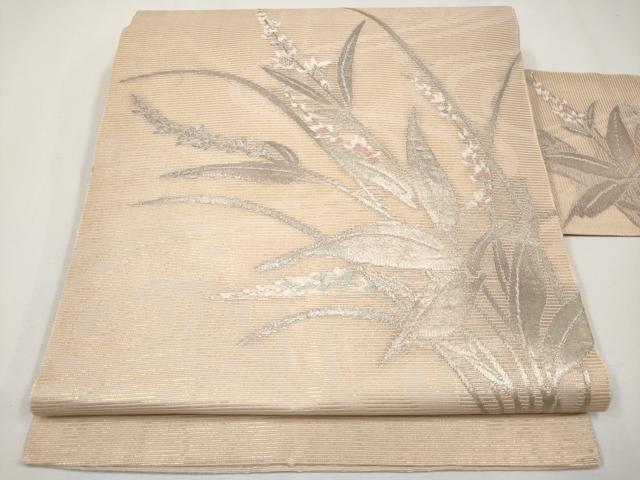 平和屋着物＊夏物　九寸名古屋帯　草花文　銀糸　正絹　逸品　CABH6031tx