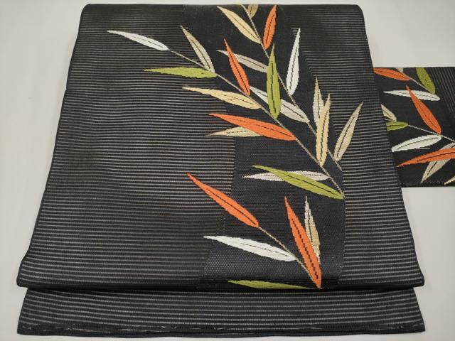 平和屋着物＊夏物　九寸名古屋帯　唐織　枝葉文　黒地　金銀糸　正絹　逸品　CABH6038tx