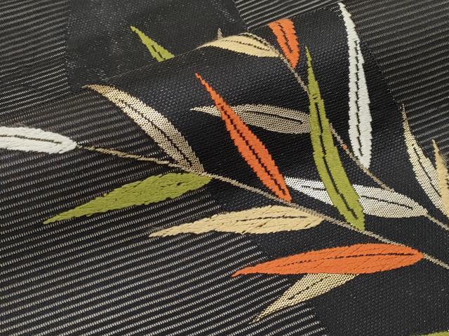 平和屋着物＊夏物　九寸名古屋帯　唐織　枝葉文　黒地　金銀糸　正絹　逸品　CABH6038tx