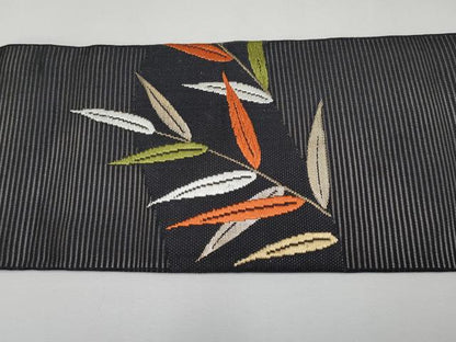 平和屋着物＊夏物　九寸名古屋帯　唐織　枝葉文　黒地　金銀糸　正絹　逸品　CABH6038tx
