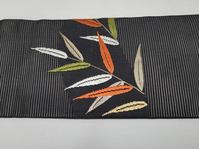 平和屋着物＊夏物　九寸名古屋帯　唐織　枝葉文　黒地　金銀糸　正絹　逸品　CABH6038tx