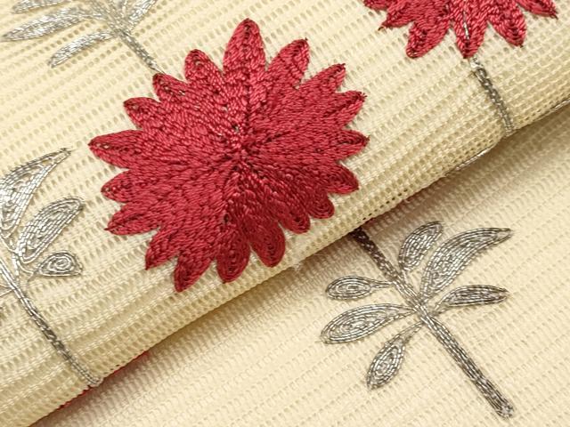平和屋着物＊夏物　九寸名古屋帯　総刺繍　駒刺繍　枝花文　正絹　逸品　CABH6083tx