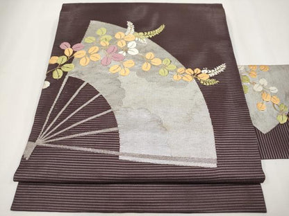 平和屋着物＊夏物 九寸名古屋帯 唐織 扇面萩文 金銀糸 正絹 逸品 CABH6109tx