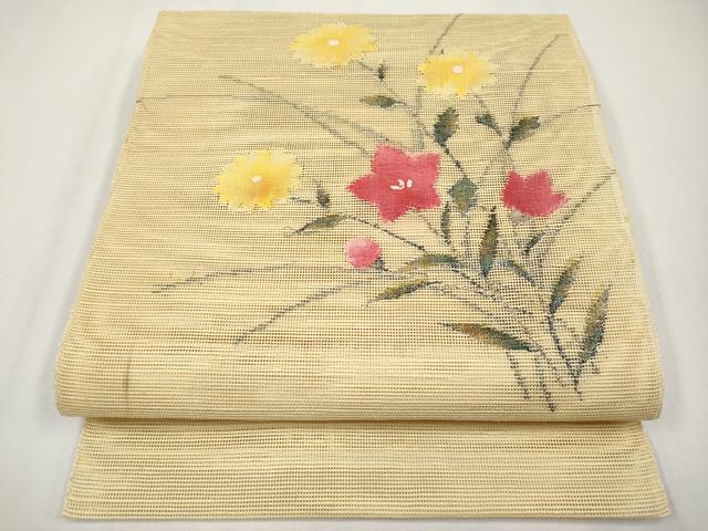 平和屋着物＊夏物　八寸名古屋帯　草花文　金糸　正絹　逸品　CABH6127tx