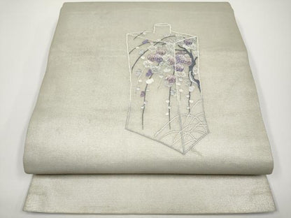 平和屋着物＊夏物　九寸開き名古屋帯　総刺繍　枝梅文　銀糸　正絹　逸品　CABH6162tx