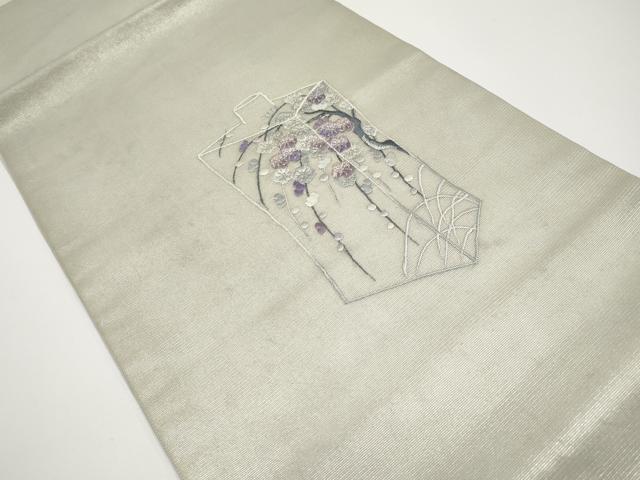 平和屋着物＊夏物　九寸開き名古屋帯　総刺繍　枝梅文　銀糸　正絹　逸品　CABH6162tx