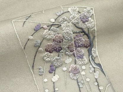 平和屋着物＊夏物　九寸開き名古屋帯　総刺繍　枝梅文　銀糸　正絹　逸品　CABH6162tx