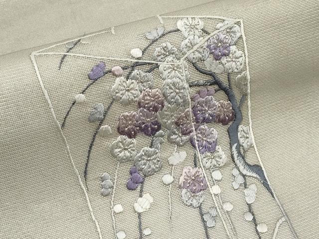 平和屋着物＊夏物　九寸開き名古屋帯　総刺繍　枝梅文　銀糸　正絹　逸品　CABH6162tx