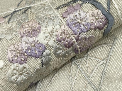 平和屋着物＊夏物　九寸開き名古屋帯　総刺繍　枝梅文　銀糸　正絹　逸品　CABH6162tx