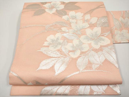 平和屋着物＊夏物　九寸名古屋帯　枝花文　銀糸　正絹　逸品　CABH6163tx