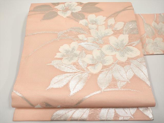 平和屋着物＊夏物　九寸名古屋帯　枝花文　銀糸　正絹　逸品　CABH6163tx