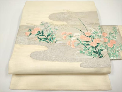 平和屋着物＊夏物　九寸名古屋帯　唐織　秋草文　金銀糸　正絹　逸品　CABH6164tx