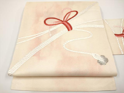 平和屋着物＊夏物　九寸名古屋帯　総刺繍　結び紐文　銀糸　正絹　逸品　CABH6165tx