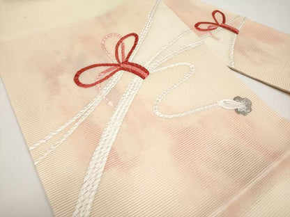 平和屋着物＊夏物　九寸名古屋帯　総刺繍　結び紐文　銀糸　正絹　逸品　CABH6165tx