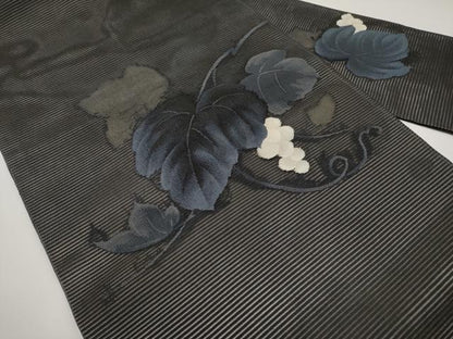 平和屋着物＊夏物　九寸名古屋帯　絽綴れ　葡萄蔦の葉文　黒地　正絹　逸品　CABH6171tx