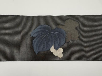 平和屋着物＊夏物　九寸名古屋帯　絽綴れ　葡萄蔦の葉文　黒地　正絹　逸品　CABH6171tx