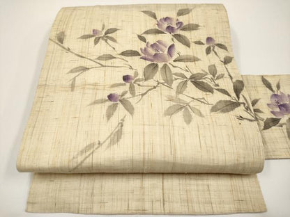 平和屋着物＊夏物　九寸名古屋帯　手描き　枝花文　麻　逸品　CABH6194tx