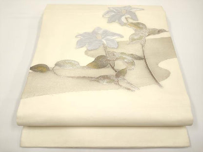 平和屋着物＊夏物　九寸名古屋帯　枝花文　銀糸　正絹　逸品　CABH6199tx