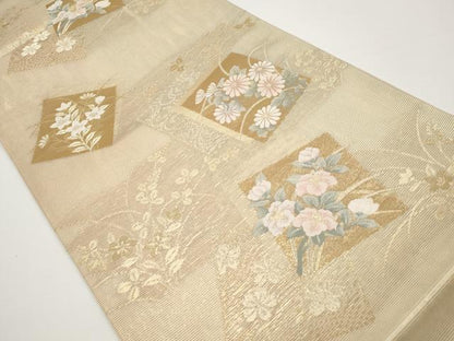 平和屋着物＊夏物 六通柄袋帯 色紙重ね草花文 金糸 正絹 逸品 CABH6211tx