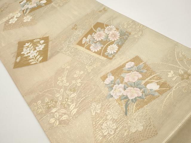 平和屋着物＊夏物 六通柄袋帯 色紙重ね草花文 金糸 正絹 逸品 CABH6211tx