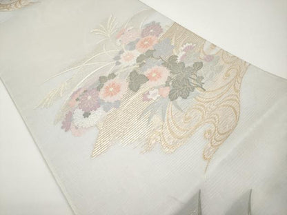 平和屋着物＊夏物 六通柄袋帯 流水草花文 金糸 正絹 逸品 未使用 CABH6216tx
