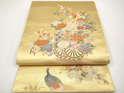 平和屋本店●六通柄袋帯　唐織　花車孔雀絵文　本金箔　金泥箔　正絹　逸品　CABH6233tx