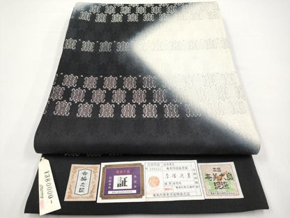 平和屋着物＊夏物　六通柄袋帯　本場大島紬　泥染　横段文　黒地　銀糸　赤塚次男作　上代38万　証紙付き　正絹　逸品　未使用　CABH6294tx