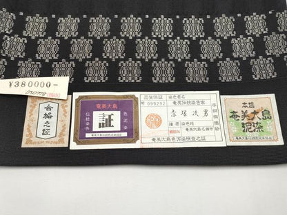 平和屋着物＊夏物　六通柄袋帯　本場大島紬　泥染　横段文　黒地　銀糸　赤塚次男作　上代38万　証紙付き　正絹　逸品　未使用　CABH6294tx