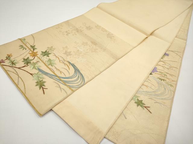 平和屋着物＊夏物　太鼓柄袋帯　総刺繍　流水草花文　金銀糸　正絹　逸品　CABH6298tx