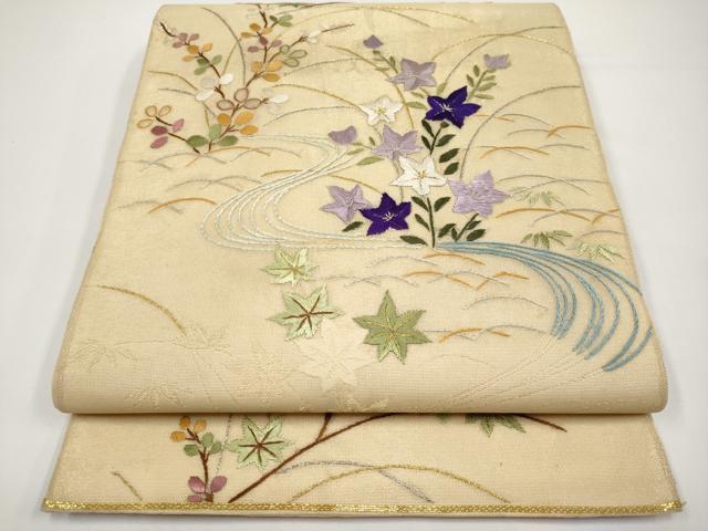 平和屋着物＊夏物　太鼓柄袋帯　総刺繍　流水草花文　金銀糸　正絹　逸品　CABH6298tx