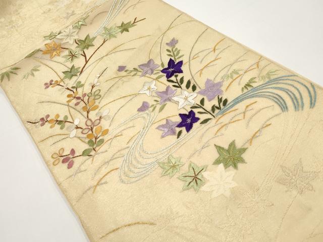 平和屋着物＊夏物　太鼓柄袋帯　総刺繍　流水草花文　金銀糸　正絹　逸品　CABH6298tx