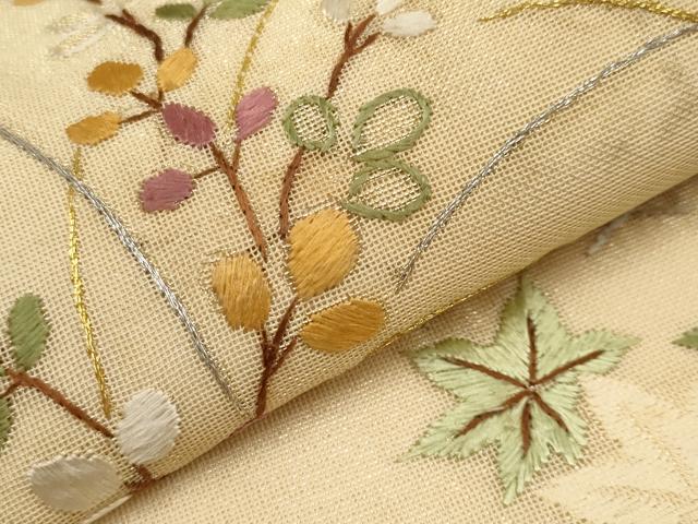 平和屋着物＊夏物　太鼓柄袋帯　総刺繍　流水草花文　金銀糸　正絹　逸品　CABH6298tx