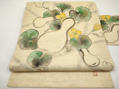 平和屋着物＊夏物　九寸名古屋帯　作家物　手描き　蔦の葉瓢箪文　麻　逸品　CABH6350tx