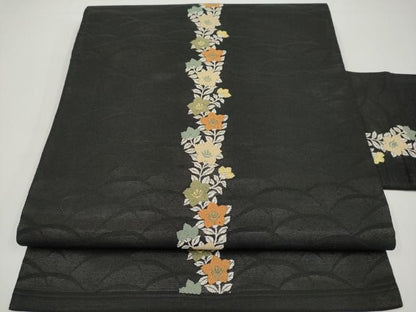 平和屋着物＊夏物　九寸名古屋帯　桔梗　黒地　金銀糸　正絹　逸品　CABH6351tx