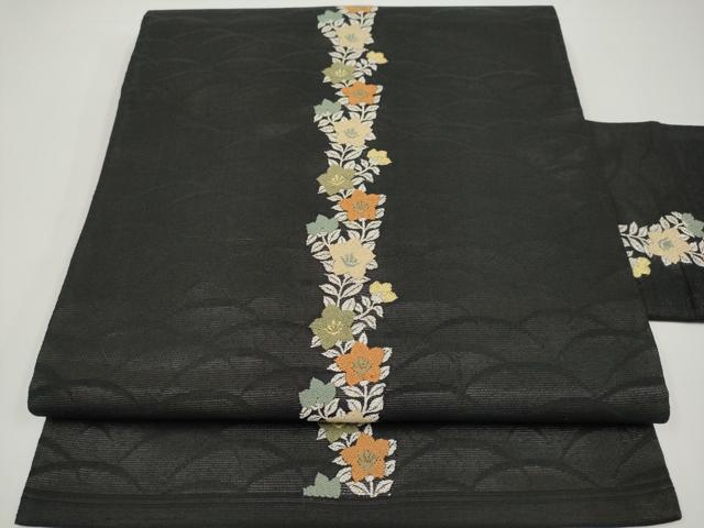 平和屋着物＊夏物　九寸名古屋帯　桔梗　黒地　金銀糸　正絹　逸品　CABH6351tx