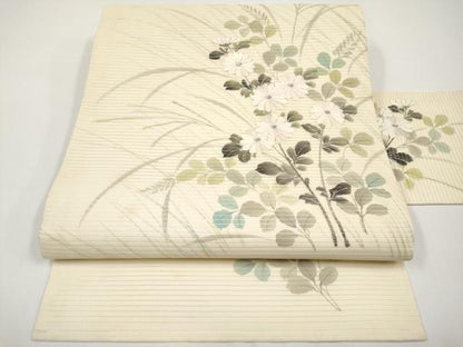 平和屋着物＊夏物　九寸名古屋帯　手描き　刺繍　枝菊文　銀彩　正絹　逸品　CABH6376tx