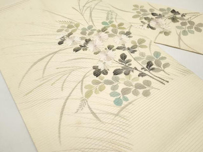 平和屋着物＊夏物　九寸名古屋帯　手描き　刺繍　枝菊文　銀彩　正絹　逸品　CABH6376tx