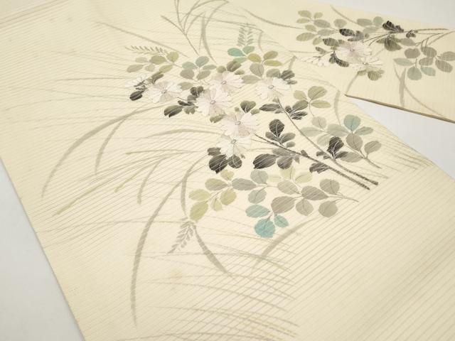 平和屋着物＊夏物　九寸名古屋帯　手描き　刺繍　枝菊文　銀彩　正絹　逸品　CABH6376tx