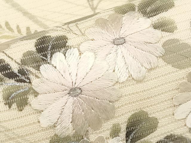 平和屋着物＊夏物　九寸名古屋帯　手描き　刺繍　枝菊文　銀彩　正絹　逸品　CABH6376tx