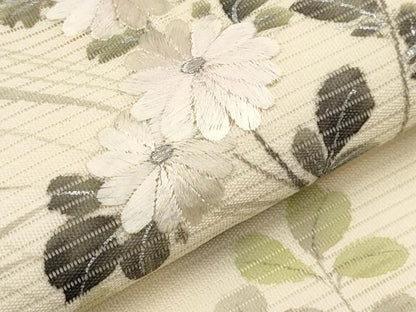 平和屋着物＊夏物　九寸名古屋帯　手描き　刺繍　枝菊文　銀彩　正絹　逸品　CABH6376tx