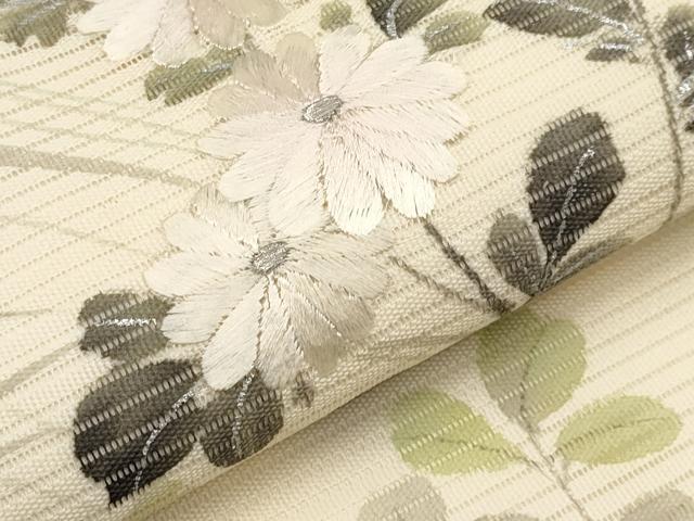 平和屋着物＊夏物　九寸名古屋帯　手描き　刺繍　枝菊文　銀彩　正絹　逸品　CABH6376tx