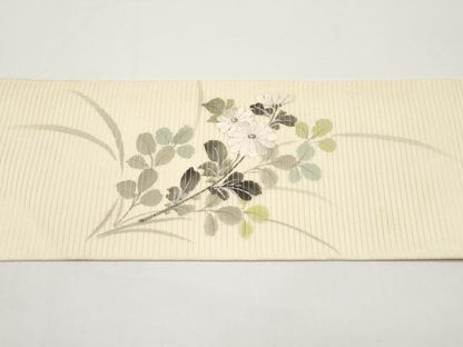 平和屋着物＊夏物　九寸名古屋帯　手描き　刺繍　枝菊文　銀彩　正絹　逸品　CABH6376tx