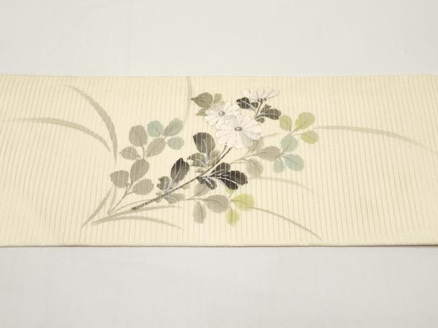 平和屋着物＊夏物　九寸名古屋帯　手描き　刺繍　枝菊文　銀彩　正絹　逸品　CABH6376tx