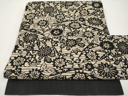 平和屋着物＊夏物　八寸名古屋帯　作家物　伊勢型染　枝花文　黒地　正絹　逸品　CABH6386tx