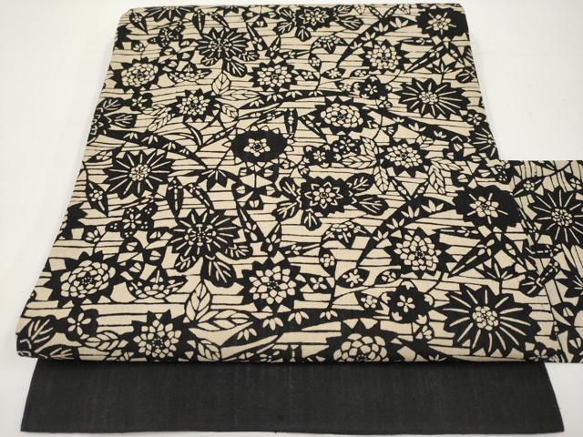 平和屋着物＊夏物　八寸名古屋帯　作家物　伊勢型染　枝花文　黒地　正絹　逸品　CABH6386tx