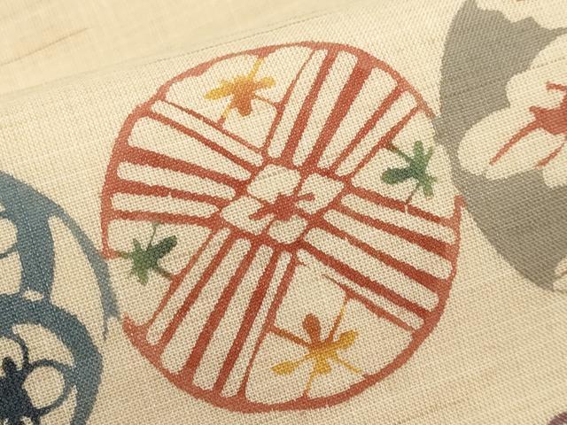 平和屋着物＊夏物　九寸名古屋帯　型染め　花丸文　麻　逸品　CABH6389tx