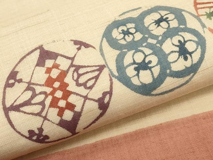 平和屋着物＊夏物　九寸名古屋帯　型染め　花丸文　麻　逸品　CABH6389tx
